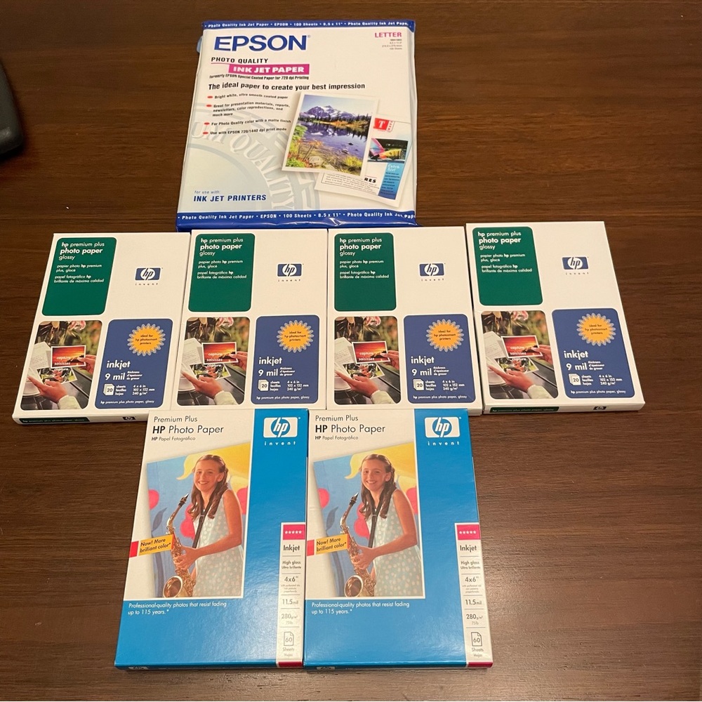HP and Epson Premium Plus Gloss Photo Inkjet Paper Lot of 7 Packs. 1 pack open
